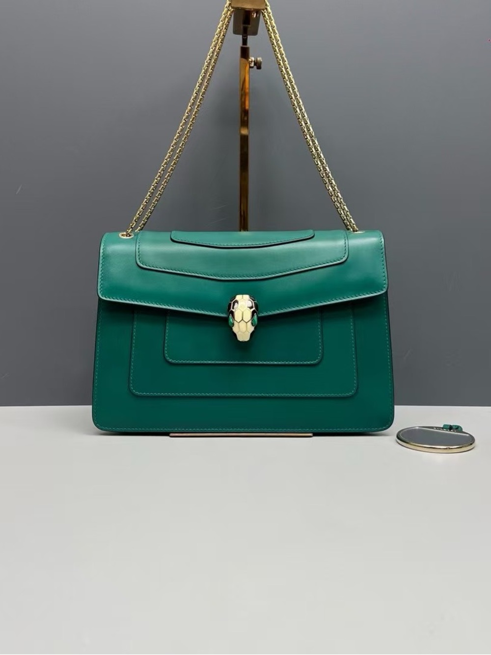 Bulgari Emerald Green Leather Shoulder Bag with Gold Serpenti Clasp